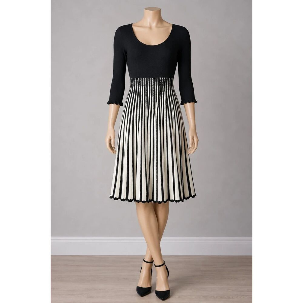 Calvin Klein Striped Fit Flare Knit Dress 3/4 Bell Sleeve Crochet Black Cream L
